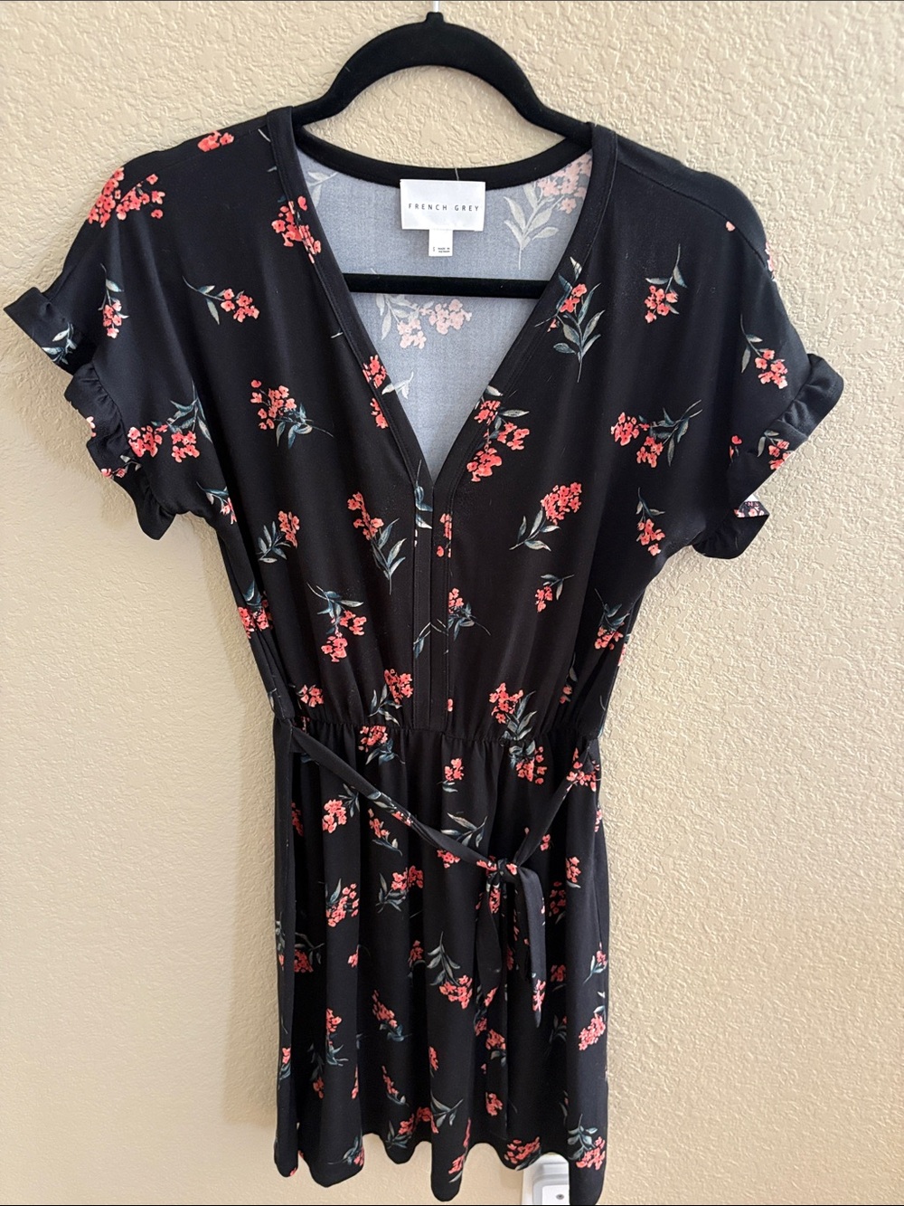 French Grey Black Mini Dress with Coral Floral Print and Tie Waist